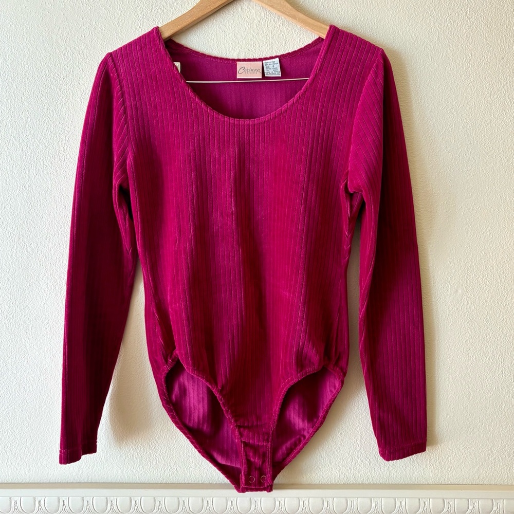 Vintage 90s Corinna Fashions magenta‎ velvet corduroy bodysuit